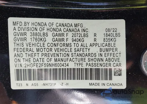 2022 Honda Civic Sport z USA, uszkodzony, nr VIN 2HGFE2F59NH600434